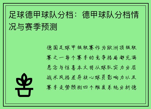 足球德甲球队分档：德甲球队分档情况与赛季预测